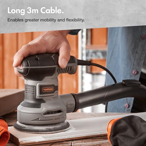 Vonhaus Random Orbit Sander - Variable Speed Up To 14000RPM With 12 Sanding Pads Included, Dust Collection System, Soft Grip Handle 300W And 125Mm Pad Size - 7