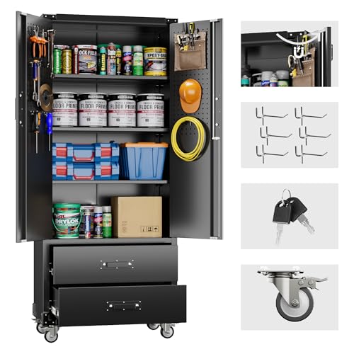 Image of Metal Garage Storage Cabinet with Wheels, 2 Drawers and Pegboard Doors