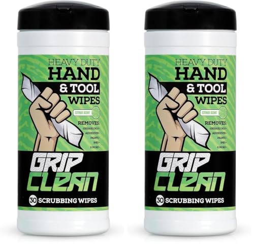 Image of Grip Clean Heavy Duty Hand & Tool Cleaning Wipes - Waterless Hand Cleaner for Mechanics, Garage & Shop Use - Dual-Sided Grease, Oil & Paint Remover Wipes with Citrus Scent - 30ct (Pack of 2)