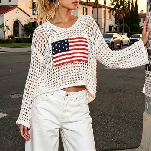 Image of Women's American Flag Crochet Sweater Long Sleeve Hollow Out Lightweight Knit Hoodie 2026 Summer Beach Cover Up Tops