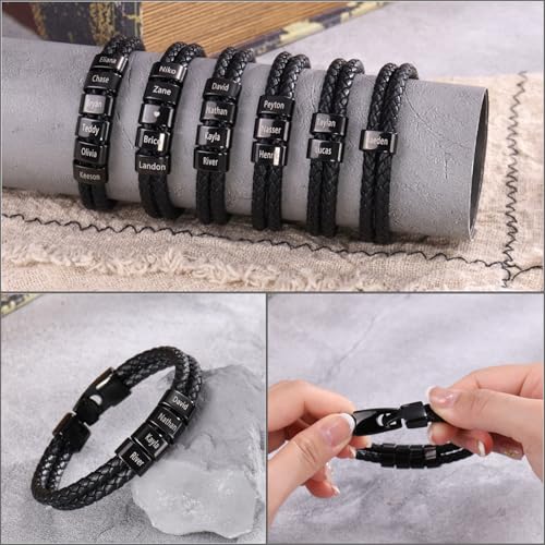 Personalized Fathers Bracelet with Names Custom Name Engraved Mens Braided Leather Bracelets for Men Christmas Birthday Gifts for Dad Husband Grandpa Boyfriend3