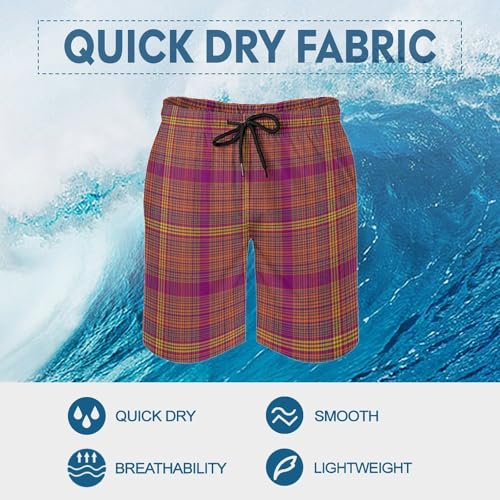Hawaiian Shorts for Men - Comfy Retro Burgundy Plaid Print Mens Swim Trunks Bathing Suits with Mesh Lining3