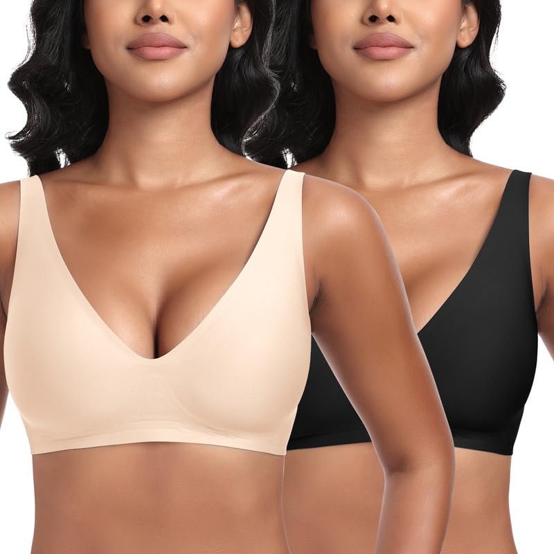 Deep V - Reggiseno senza fili da donna, supporto confortevole, senza cuciture, morbido, imbottito, in gelatina, per seni piccoli e grandi, bralette liscia con estensione extra