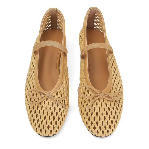 Image of ZJGZF Woven Ballet Flats for Women Cute Raffia Mary Janes Bow Elastic Strap Summer Straw Comfortable Casual Dressy Shoes