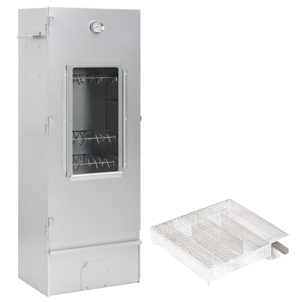 Piec wędzarniczy z generatorem zimnego dymu z ocynkowanej stali i szklanymi oknami, 44,5 x 29 x 110 cm, z termometrem, 12 haczyków, 3 ruszty, 1 kg wiórów drewnianych do ogrodu i na taras