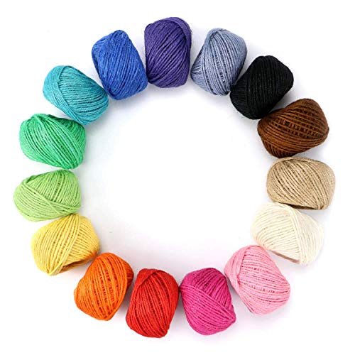 HULISEN Colorful Jute Twine, 15 Rolls 2mm 3 Strands Natural Jute String for Artworks, DIY Crafts, Picture Display and Embellishments, Festive Twine for Gift Wrapping (Each 82 Feet)
