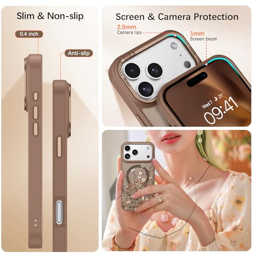 Image of DOMAVER for iPhone 17 Pro Max Case, Magnetic Phone Case for iPhone 17 Pro Max [Compatible with MagSafe] Slim Fit Flowers Floral Design Shockproof Protective Bumper Women Men Girls Boys Cover- Brown