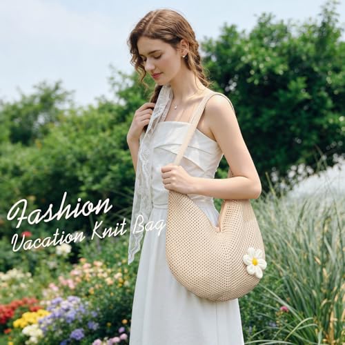 Image of Premillow Crochet Beach Bags for Women, Summer Beach Tote Bag, Mesh Cute Beach Purse, Aesthetic Knit Bag Handbag Shoulder Bag