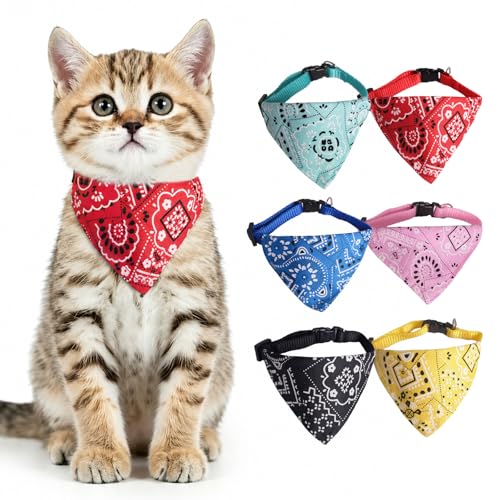 MAGJERO Cat Bandana Collar Set - 6PCS Adjustable Cotton Neck Scarves for Cats Red Green Pink Yellow Black & Blue Patterns Daily Wear & Holiday Photos (Small)