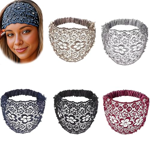 CSJJKLUT Lace Headbands for Women, 5Pcs Set Boho-chic Crystal &