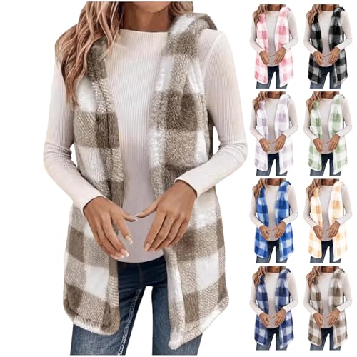 Fleece Sweater Vest Women Casual Sleeveless Sherpa Jacket Flannel Plaid Fuzzy Cardigan Warm Fall Winter Hooded Outerwear