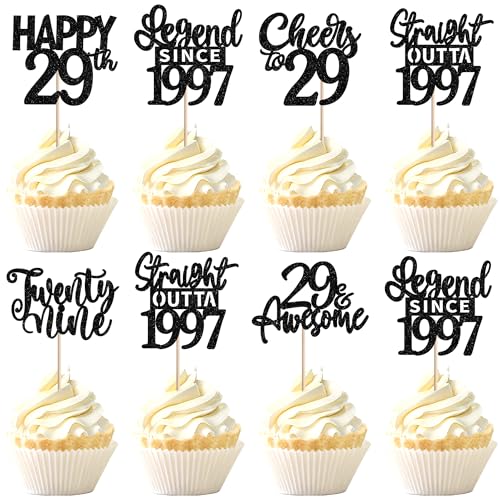 24PCS Black Happy 29th Birthday Cupcake Toppers Twenty Nine Straight Outta 1997 Cupcake Picks Cheers to 29 Lengend Since 1997 Cake Decorations for 29th Birthday Anniversary Party Decorations Supplies