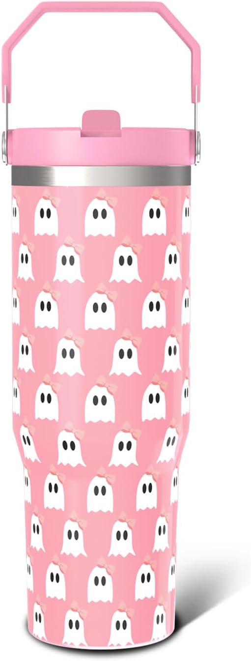 Ghost Halloween Gifts for Women Girls, Cute Spooky Stainless Steel Insulated Travel Coffee Cup, 30 Oz Tumbler with Top Handle and Flip Straw, Holiday Birthday Water Bottle for Him Her halloween ghost-01 30 Ounces