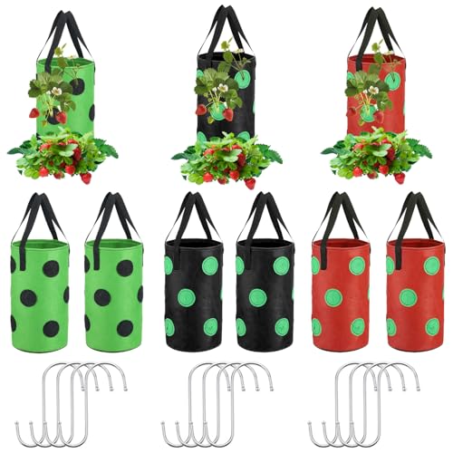 TANEMUDO 9 Pcs Upside Down Tomato Herb Planter Hanging Aeration Strawberry Grow Bags Plant Hanger Vegetable Planting Bags with Hooks Breathable Fabric Planter Bags for House