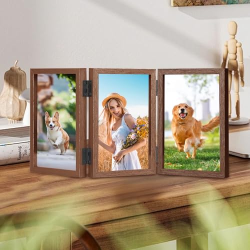 Trifold Photo Frame, 6x4 inches Picture Frame Collage for 3 Photos, Hinged Triple Foldable Frames with Acrylic Plate 180° Foldable Hinged Picture Frame for Wedding Family Tabletop Desk Display (Brown) - Image 6