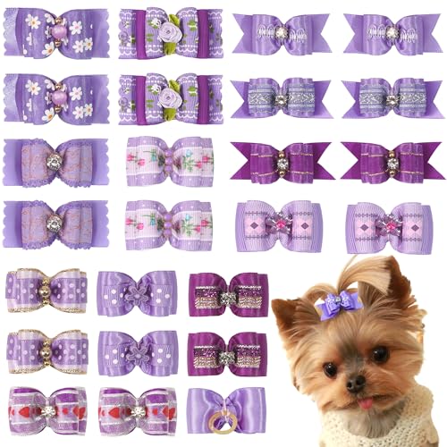 Yxiang 24 x Hundehaarschleifen, niedliche Hundehaarschleifen, Yorkie-Welpen, mit Gummiband, Fellpflegeschleifen, bunt, gepunktet, Hundehaarzubehör für kleine Hunde
