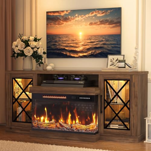 Image of BREEZEHEAT Fireplace TV Stand for TVs up to 70 inch, 3-Sided Electric Entertainment Center with 24 inch LED Fireplace, Media Console w /Storage Cabinet & Glass Doors, 59Inch, Walnut
