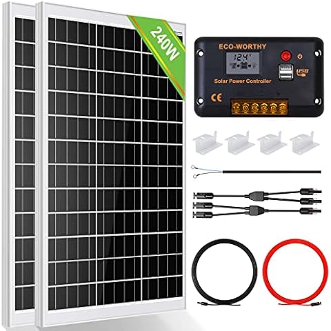 ECO-WORTHY 240 Watt Solarpanel kit Off-Grid System: 2 Stück 120W monokristalline Solarmodule mit 30A LCD Laderegler + Solarkabel + Montageklammern für Wohnmobil, Camping Cover