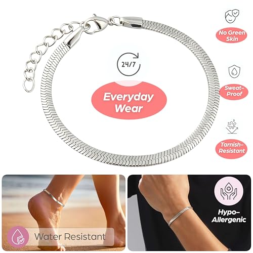 Waterproof 14K Gold Over Herringbone Chain Bracelet Anklet for Women and Men, Ankle Bracelet Premium Solid Stainless Steel (Silver)4