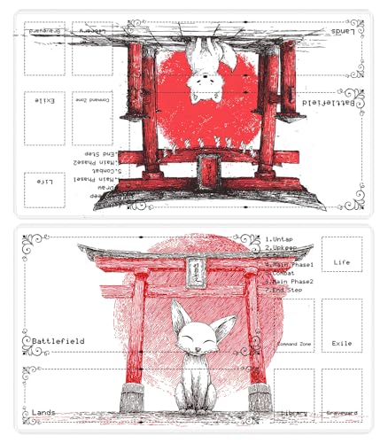 Playmat for MTG with Zones (2 Pack), Card Game Mat Non-Slip Rubber Base and Stitched, 24 x 14 inch TCG Play Mat for MTG and Other Card Games, Red Torii Fox