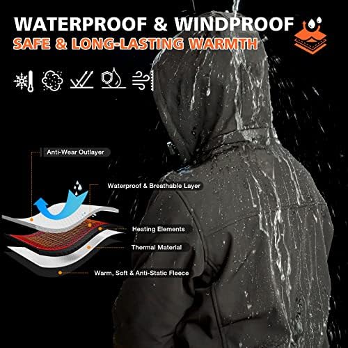 ARRIS Men`s Heated Jacket, Electric Heating Coat with 7.4V Battery and Detachable Hood - Waterproof, 8 Heating Areas
