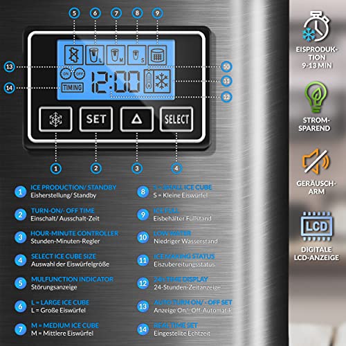 Foto von tillvex Eiswürfelmaschine Edelstahl 12 kg - 24 h | Eiswürfelbereiter mit Timer und 2,2 Liter Wassertank | Ice-Maker LCD-Display & Selbstreinigungsfunktion | 3 Eiswürfel Größen (Schwarz)