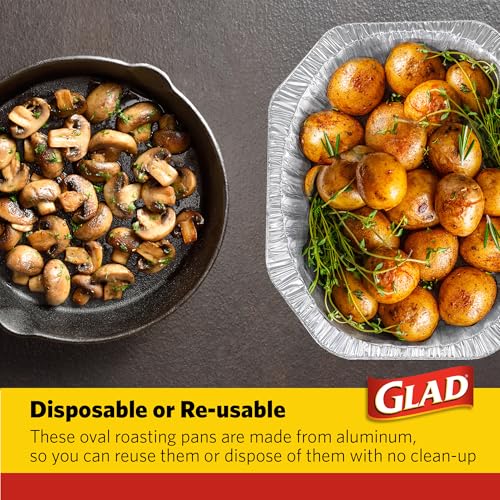 Image of Glad Oval Roaster Pans, 2 Count, Heavy Duty Disposable Aluminum Foil Roasting Pans, 17.25 x 13.75 x 3.25 Inches, For Roasting, Baking, Reheating, and Transporting Food