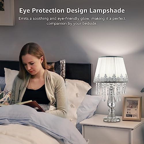 Miniatura 6 de Moooni Moderna lámpara de mesa de cristal con pantalla de tela fruncida, elegante lámpara de araña de cristal enchufable para sala de estar,