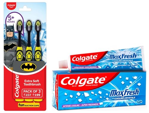 Image of Colgate Kids Batman Manual Toothbrush(Pack of 3,Multicolor) & Colgate MaxFresh 300g (150g x 2, Pack of 2) Toothpaste, Blue Gel Paste(Peppermint Ice, Saver Pack)