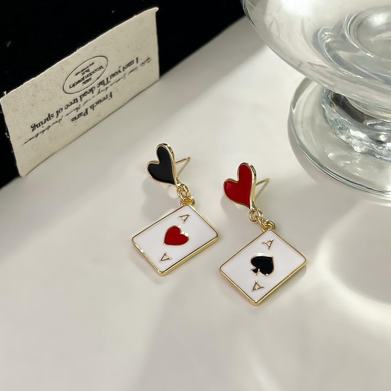 Playing Card Ace Drop Earrings - Red Heart & Black Spade Asymmetric Dangle Earrings for Women (Enamel Gold-Plated) - Image 5