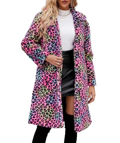 Sexyshine Women's Leopard Print Faux Fur Long Coat Winter Fall Lapel Collar Fuzzy Furry Trench Coat Open Front Jackets