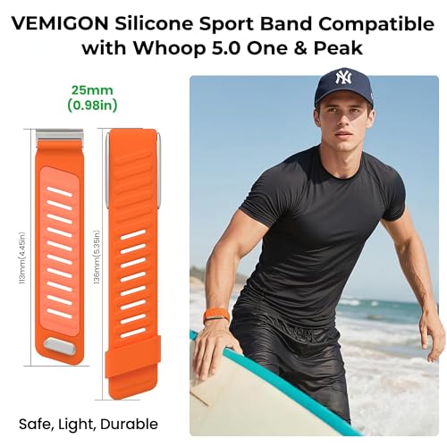 Image of VEMIGON Silicone Sport Band Compatible with Whoop 5.0 One /Peak, Life /MG, Breathable, Adjustable Waterproof Replacement Wristband Strap with Stainless Steel Frame Connector, NOT for Gen 4.0(Band only)