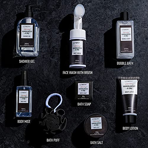 Birthday Gifts Spa Kit for Men - Sandalwood and Oak Scented Bath Gift Set and Shower Gift Basket With Face Wash & Brush, Shower Gel, Bubble Bath, Body Lotion, Body Mist, Handmade Soap, Salts & Puff - Image 4