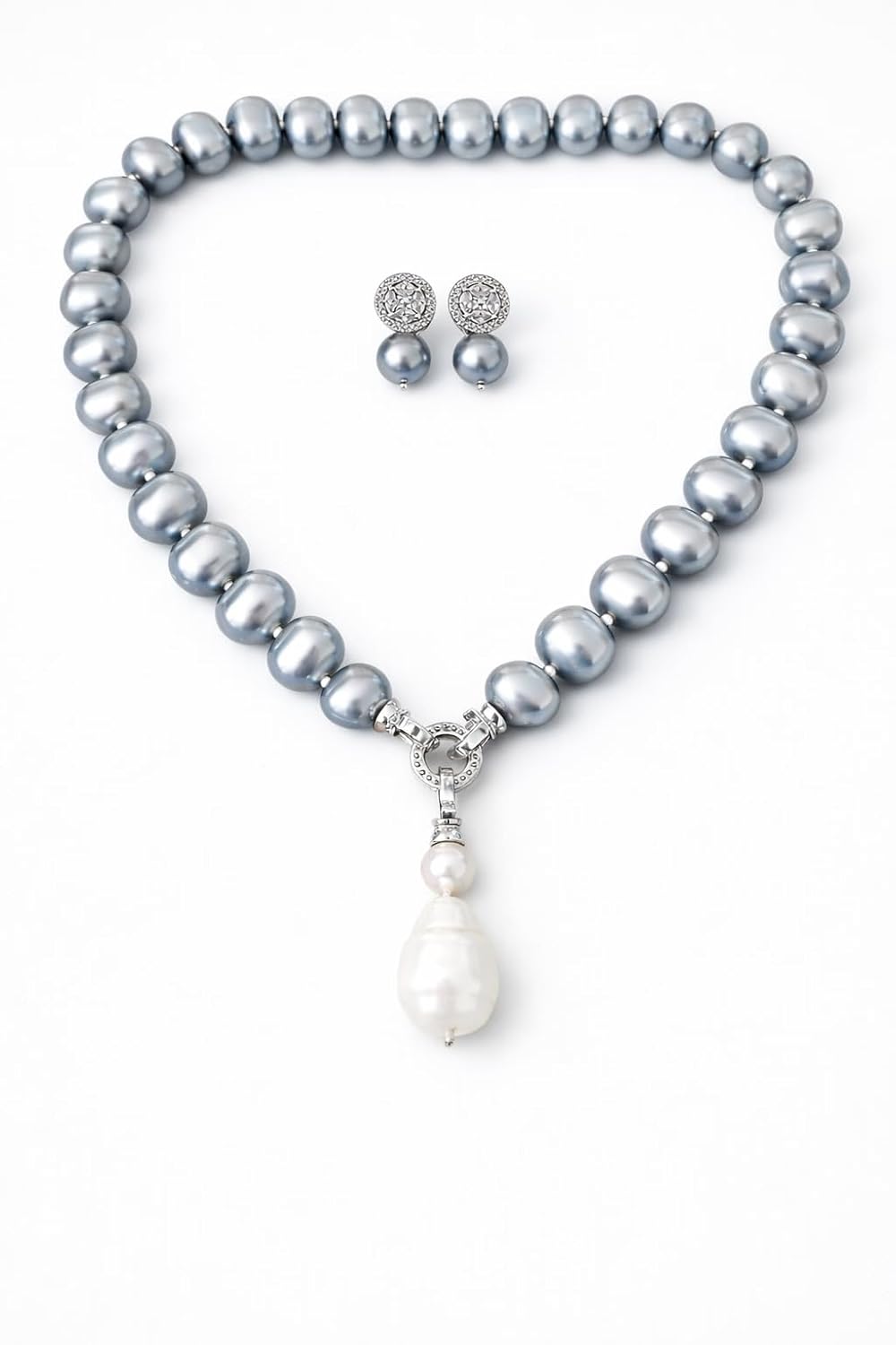 Elegant Pearl & Grey Beaded Necklace Set with Tassel Pendant and Stud Earrings | Silver-Tone Traditional Jewellery Set for Women