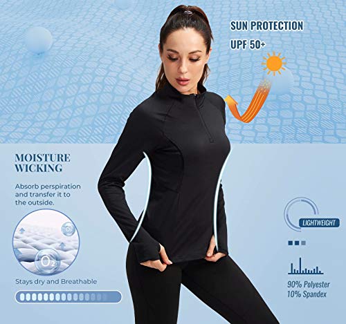 TERODACO Long Sleeve Running Top Womens Half Zip Thumb Loops UPF 50 Ladies Base Layer Top for Hiking Cycling Equestrian Gym Sports Riding Shirts Quick-Drying Breathability Wicking 506 Black S - Image 6