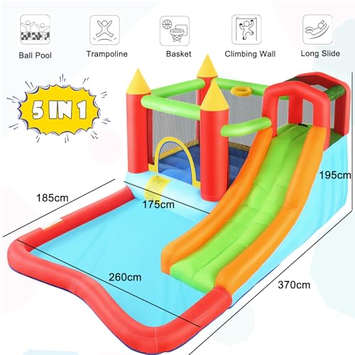 AKEYDIY Inflatable Bounce House for Kids, Fun Jumping Area with Basketball Hoop, Large Pool, Long Slide with Climbing Wall Bouncy House with Air Blower Outdoor Backyard