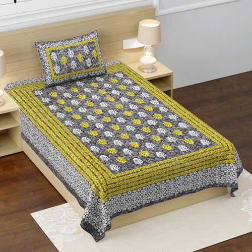 Image of RajasthaniKart Pure 100% Cotton Single Bed Sheet with 1 Pillow Cover (Bedsheet for Single Bed Cotton, Grey Small Booty)