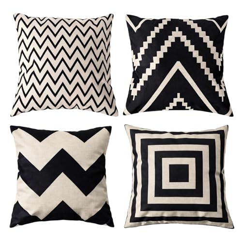 KxrTpx Black and White Cushion Covers, Set of Four Geometric Throw Pillows, Modern Abstract Design for Living Room Sofa and Bedroom Decor, Standard 45 x 45 cm Size