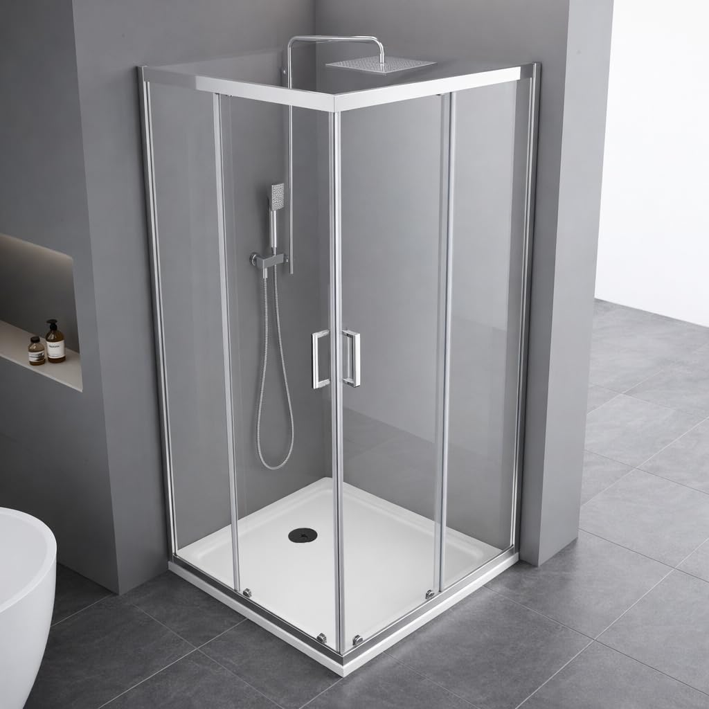 Box Doccia Angolare, Vetro Temperato Trasparente 6mm, 2 Porte Scorrevoli, Profili Cromati, Altezza 190 cm, Chiusura Magnetica (70x70)