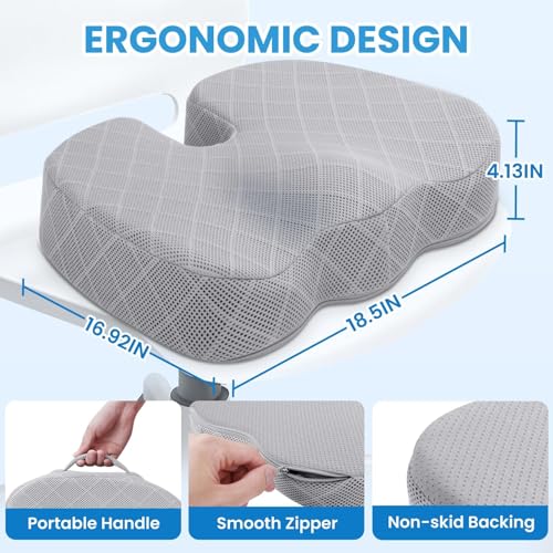 Image of TushGuard Office /Car Seat Cushion, Non-Slip Sciatica & Back Coccyx Tailbone Pain Relief Chair Pad, Memory Foam Butt Pillow for Computer Desk, Wheelchair, Driving (Light Grey, XX-Large)
