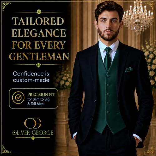 Image of Oliver George 4pc Men's Solid Formal Suit Waistcoat Tuxedo Dress Vest Necktie Bowtie Handkerchief Set for Suit or Tuxedo