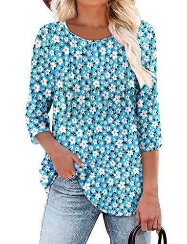 KISSMODA Tunic Tops for Women Loose Fit Dressy Round Neck Pleated 3/4 Length Sleeve Spring Tops