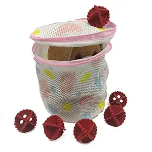PallRin Circular Double Layer Nylon Fiber Clothes Laundry/Dryer Washer Cloth/Garment/Lingerie/Bra/Undergarments Protector Cleaning Zipper Bag 1 No+Washing Machine Silicone Ball,Standard Size, 6 No
