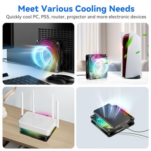 Image of ELUTENG USB Computer Cooling Fan with 7 Color RGB Lighting, 3 Speed Controller 1100 /1300 /1500 RPM Small Exhaust Fan High Airflow Cooling Fan for Router Modem Receiver DVR PlayStation Xbox TV Box