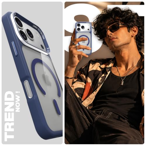 Image of Pikkme Back Cover for iPhone 17 Pro | Shockproof | Mag-Safe Compatible | Hard Transparent Back | Premium Raised Camera Protection | Bumper Case (Blue Mag-Safe)