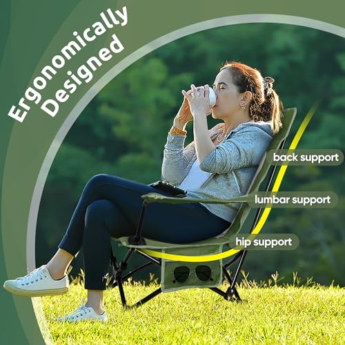 Image of HaSteeL Folding Beach Chair Set of 2, Foldable Green Camping Chairs for Outside, Low Beach Chair Portable for Adults Fishing, Picnic, Outdoor BBQ, Travel, Sports, Cup Holder & Storage Bag