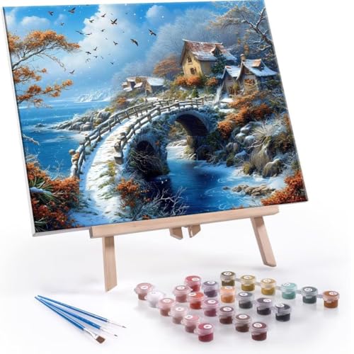 数字油絵 数字塗り絵 デジタル油絵 冬 コテージ 数字キットでペイントブラシとアクリル絵の具が入, 大人の子供のためのギフト Paint by Numbers 手塗り DIY 数字によるアクリル 水彩絵画インテリア リビング装飾 30x40cm (フレーム