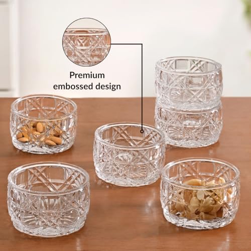 Image of Nestasia Small Glass Chutney Bowls Set of 6 (160ml Each) - Heat Resistant & Chip Resistant Ice Cream Bowls for Dips, Sauce & Pickles | Embossed Transparent Katori with Gift Box - Ideal for Gifting