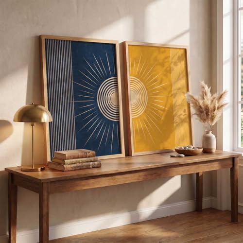 Image of YANVEER Modern Sunburst Abstract Wall Art Painting | Boho Minimalist Sun Art Home Decoration Painting With Frame For Living Room Bedroom Office Wall Decor Size (10X13 inch)