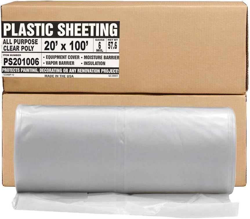 Aluf Plastics Plastic Sheeting - 20' x 100', 6 MIL Heavy Duty Gauge - Clear Vapor and Moisture Barrier Sheet Tarp/Drop Cloth for Painting &amp; Furniture (1 Pallet of 25 Pack)
